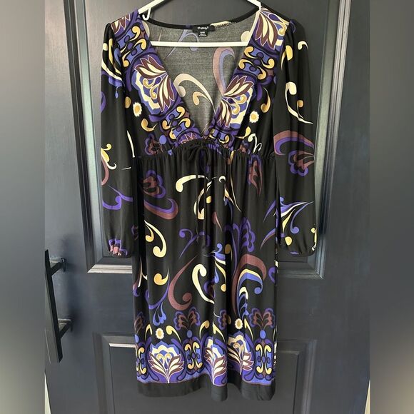 Rapsody Black Purple Tan White Floral Swirl Print V-Neck Dress Lots of stretch - Picture 1 of 6